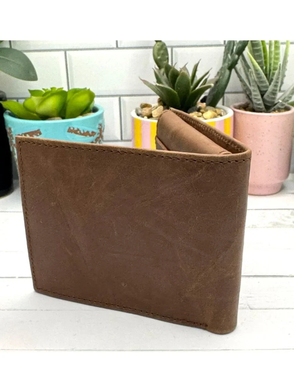 ZEP-PRO Brown Leather Mens Bifold Wallet With Card Slots & Clear ID Windows